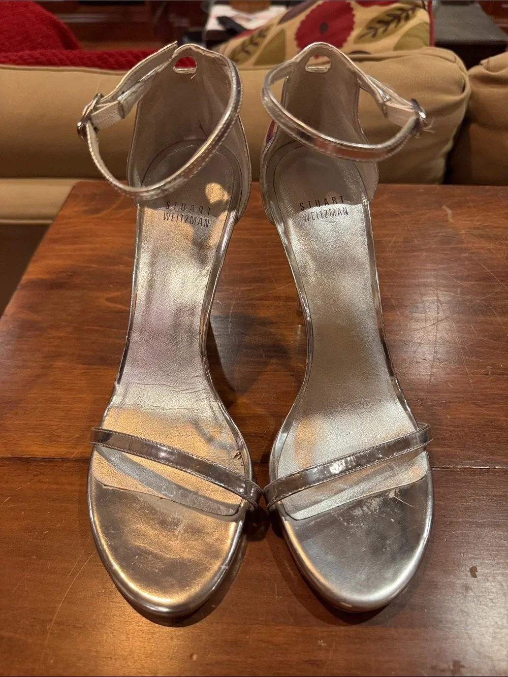 Stuart Weitzman Silver Vero Cucio Metallic Open Toe Heel Strap 8 1/2 Wedding EXC